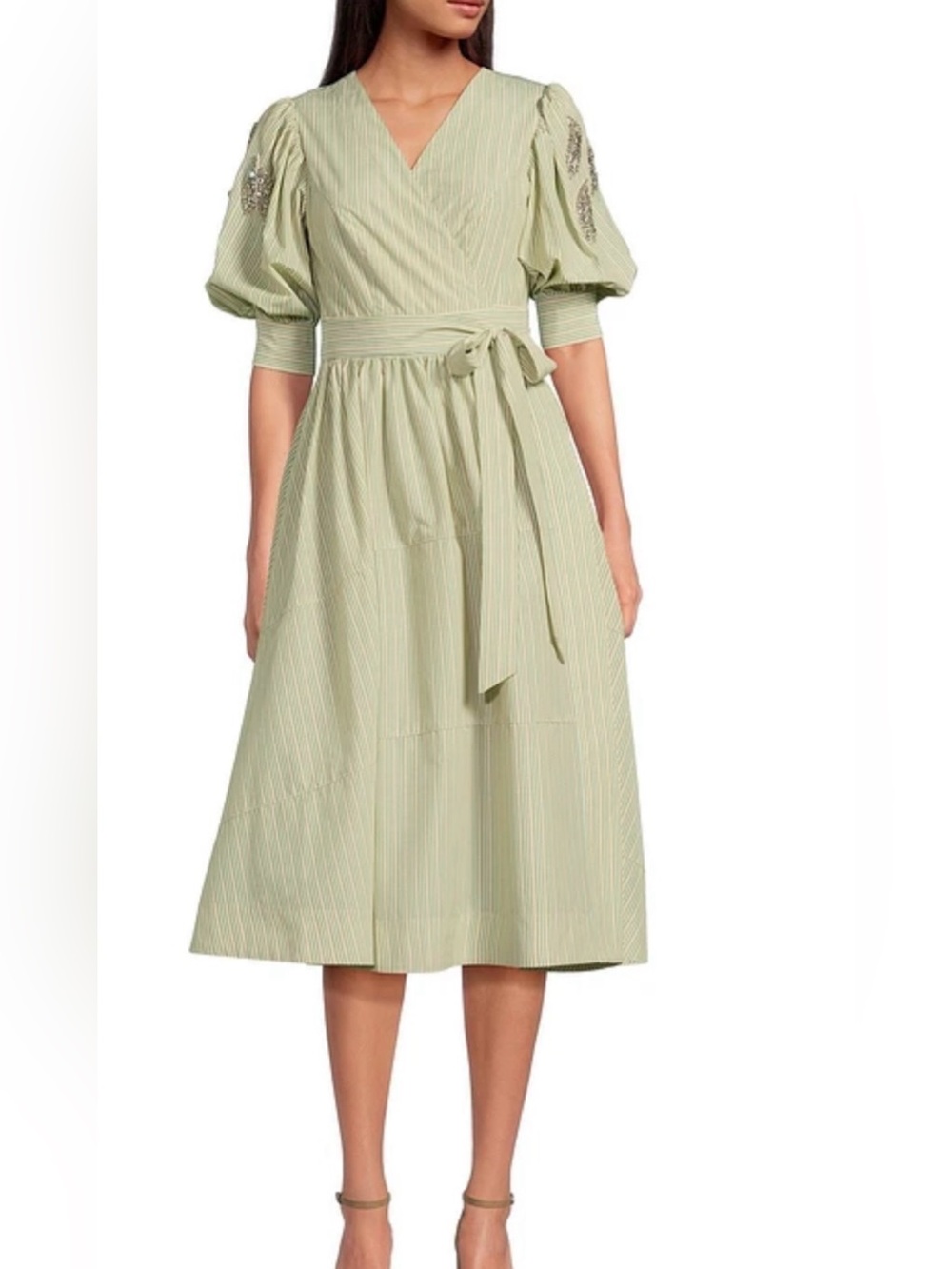 A Loves A Woven Pinstripe Rhinestone Embellished Bubble Sleeve Wrap Dress XS